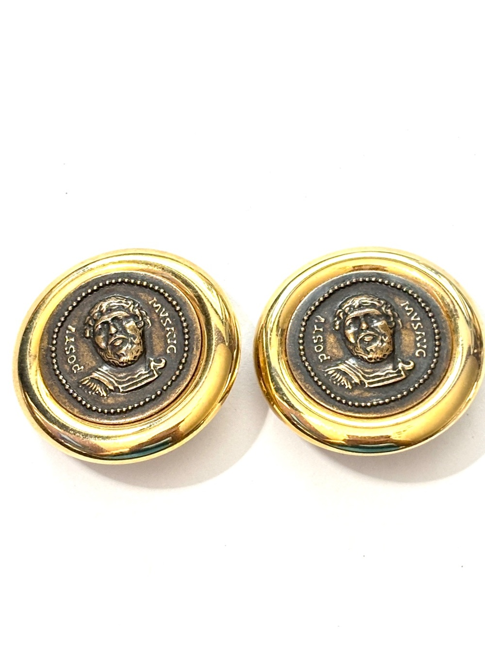 Vintage Simon Chang Signed Two Tone Roman Coin Medallion Clip On Earrings